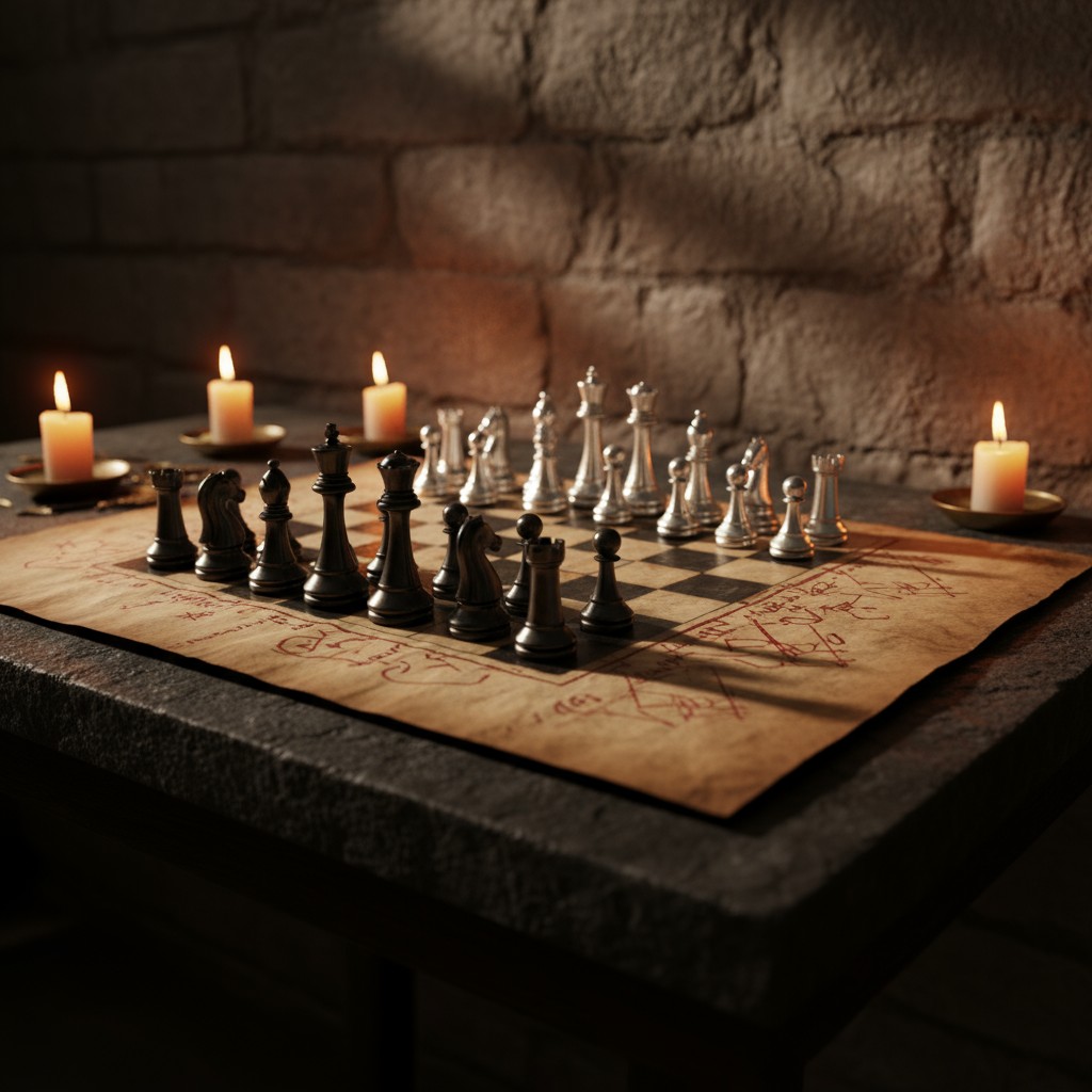 A dimly lit chess board with black and white pieces on parchment-style board with writing, surrounded by candles.