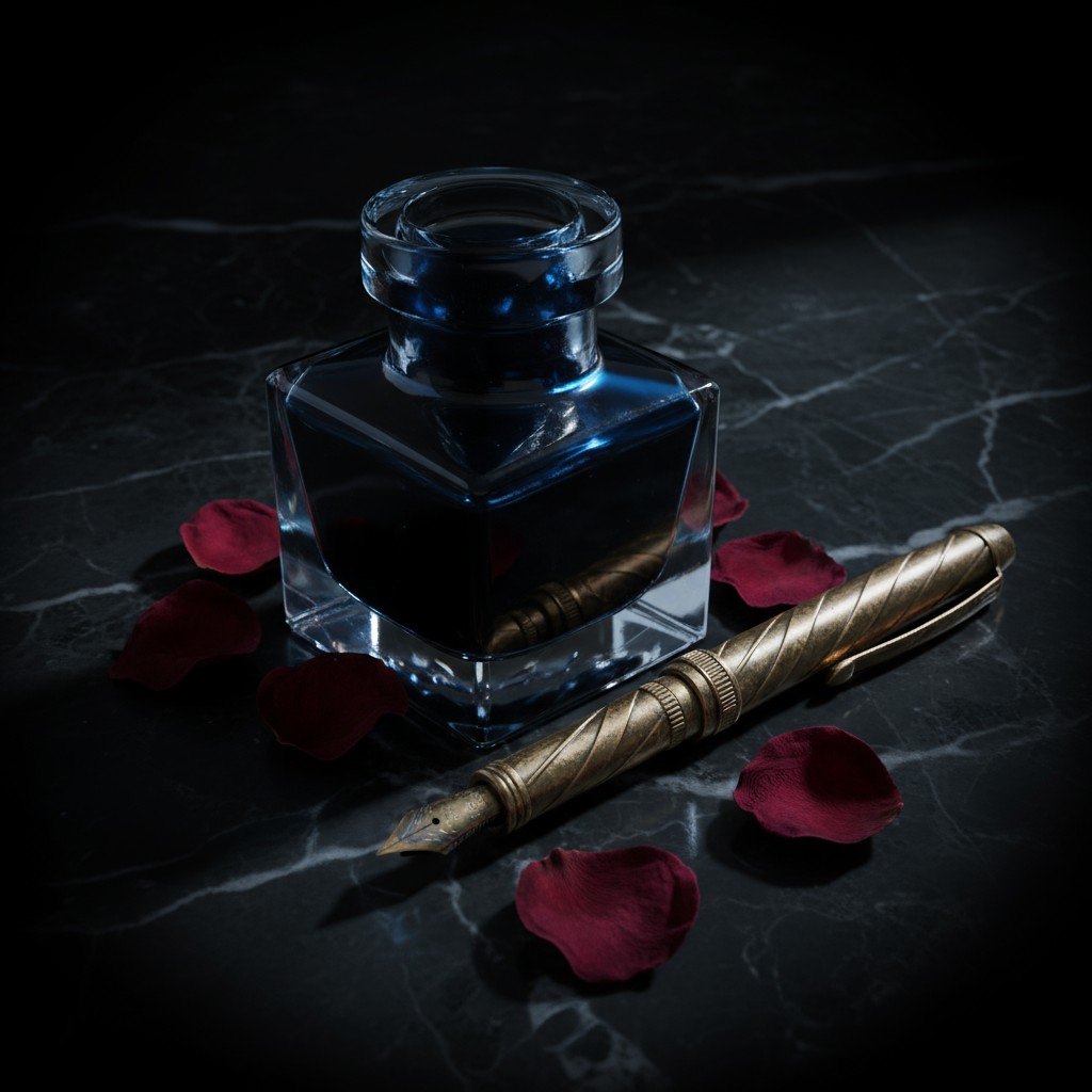 A bottle of dark blue ink with a fountain pen and rose petals scattered around it. The glass bottle has a wide mouth and a...