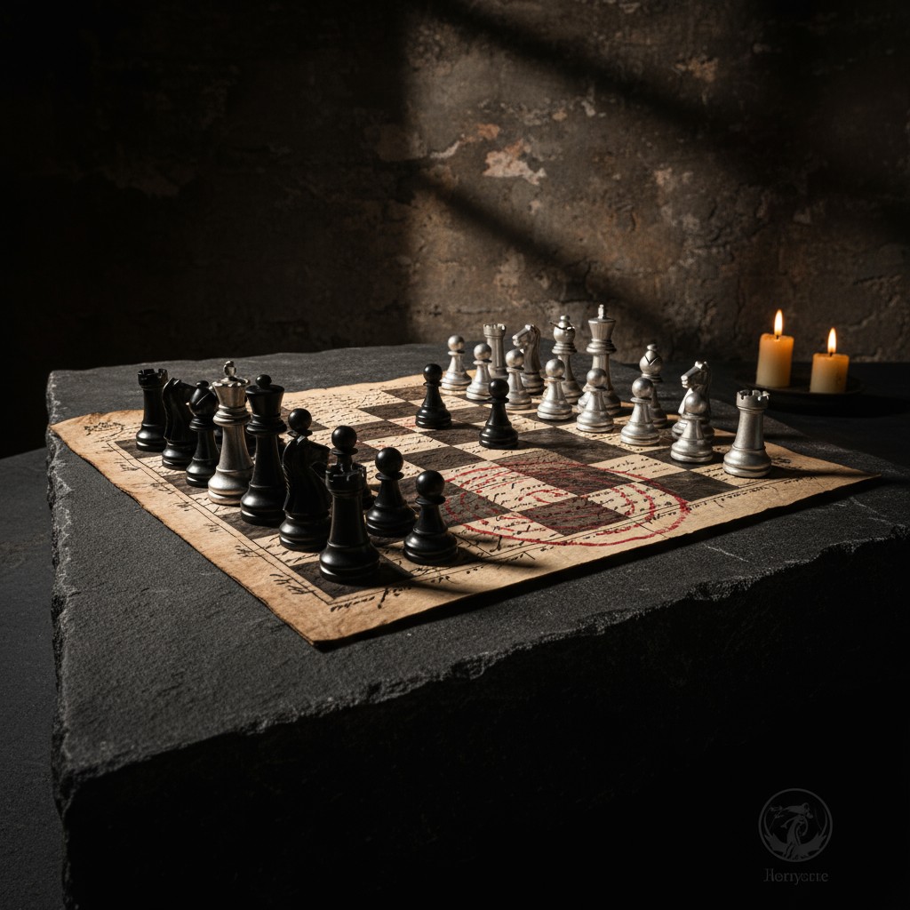 A chessboard with chess pieces arranged in a dark, mysterious setting, featuring candles and a mysterious board. Seamless ...