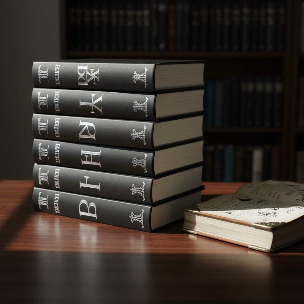 A stack of gray books with their titles facing upwards, display calm and analytical themes, while a second book rest on it...