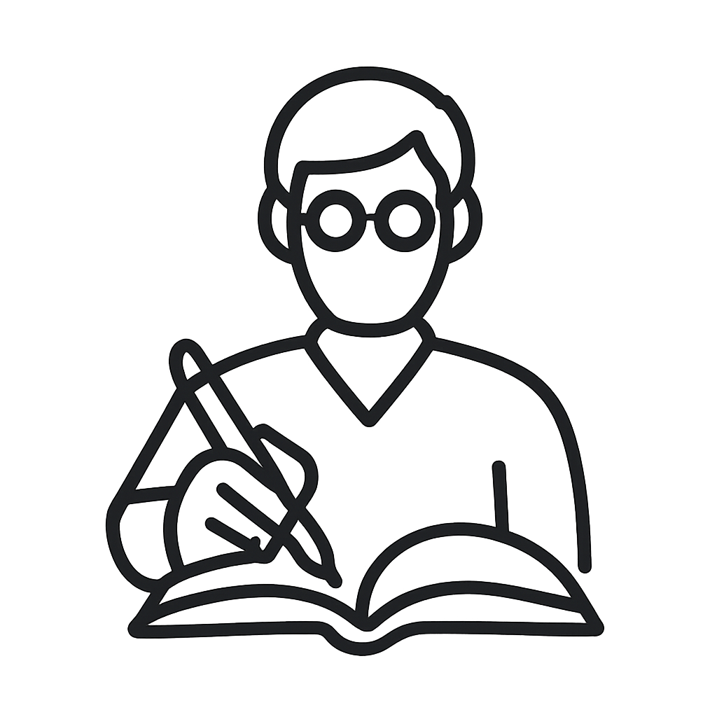 A simple outline drawing of a scholar in dark gray on a black background, holding a pencil and a book in front of them. Th...